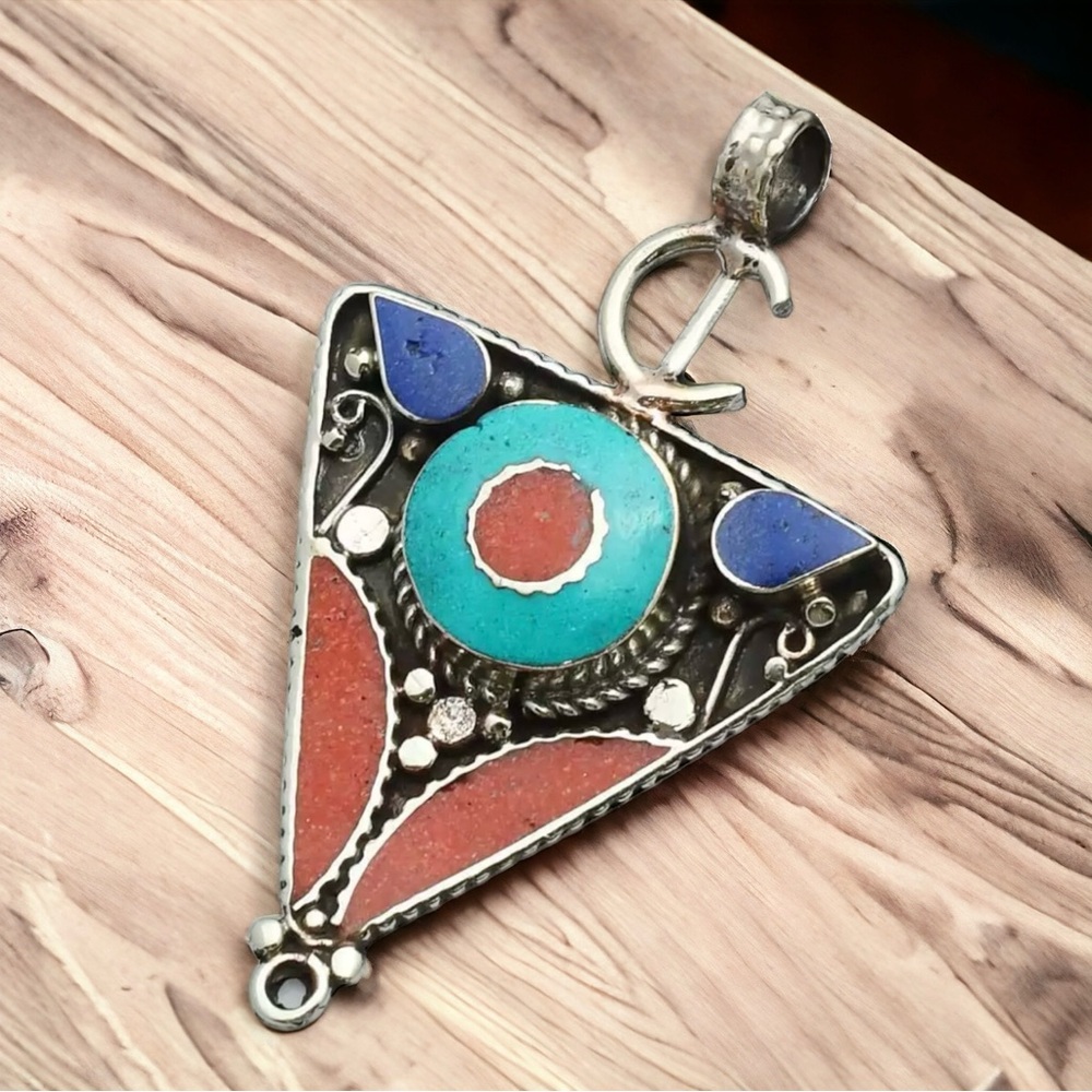 Tibetan Turquoise Coral Gemstone Pendant 2.8"